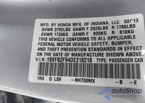 2013 Honda Civic Ex-L z USA, uszkodzony, nr VIN 19XFB2F94DE218218